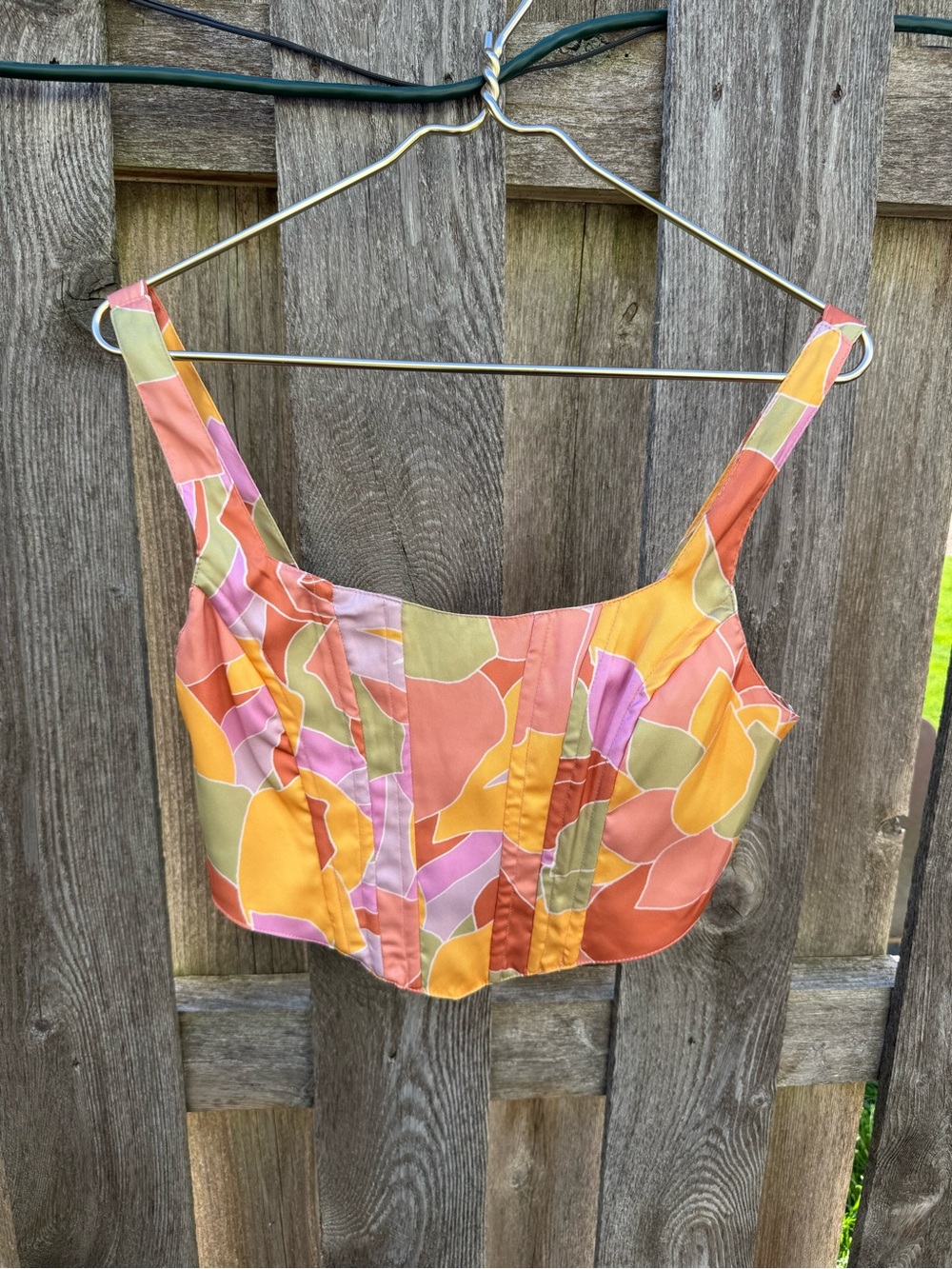 Abstract Patchwork Crop Tank Top in Coral, Yellow & Olive